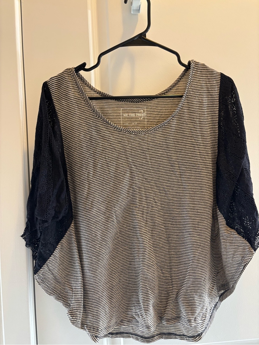We The Free Black and White Striped Scoop Neck Top with Lace Dolman Sleeves
